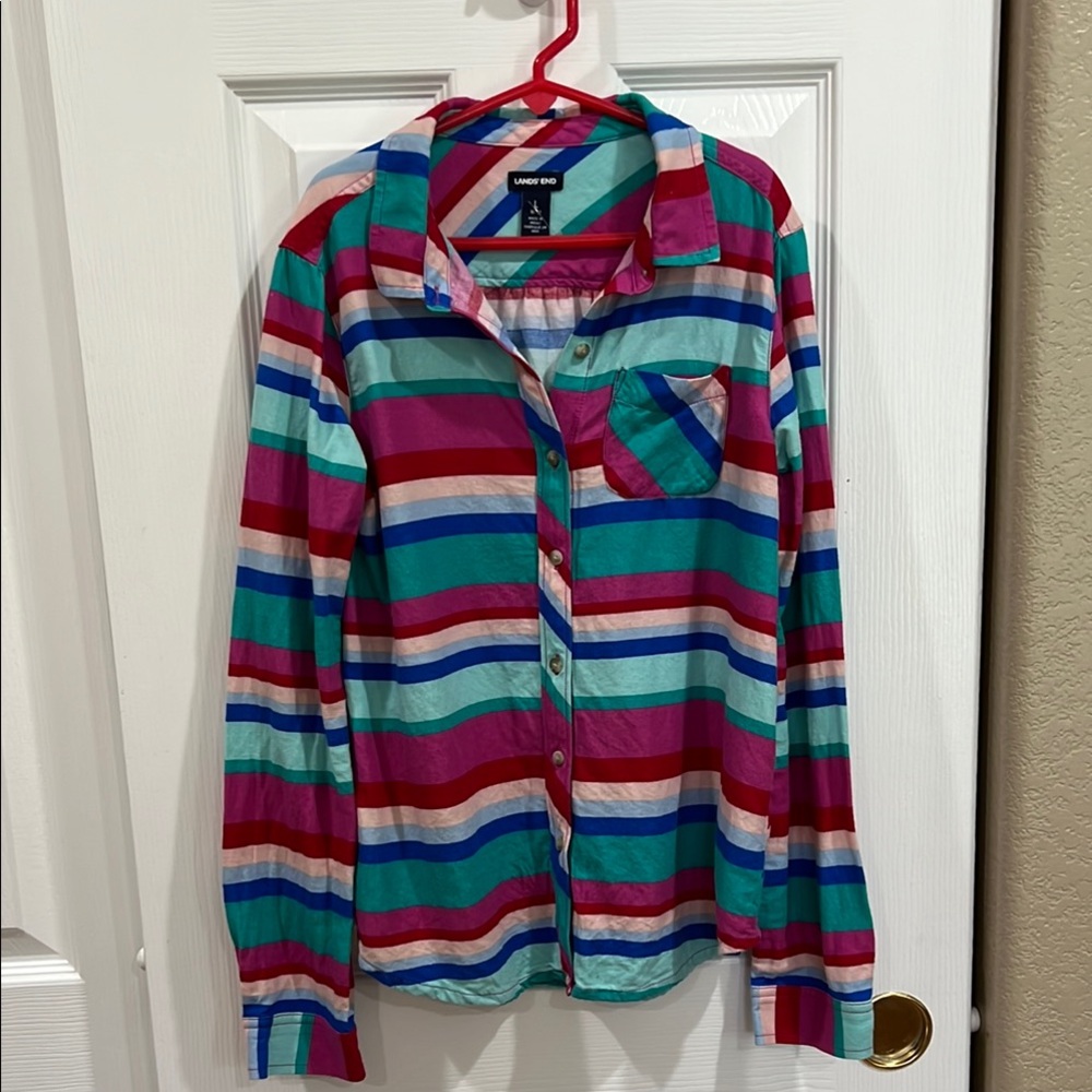 Lands End Striped Button-Up Flannel Shirt size large
